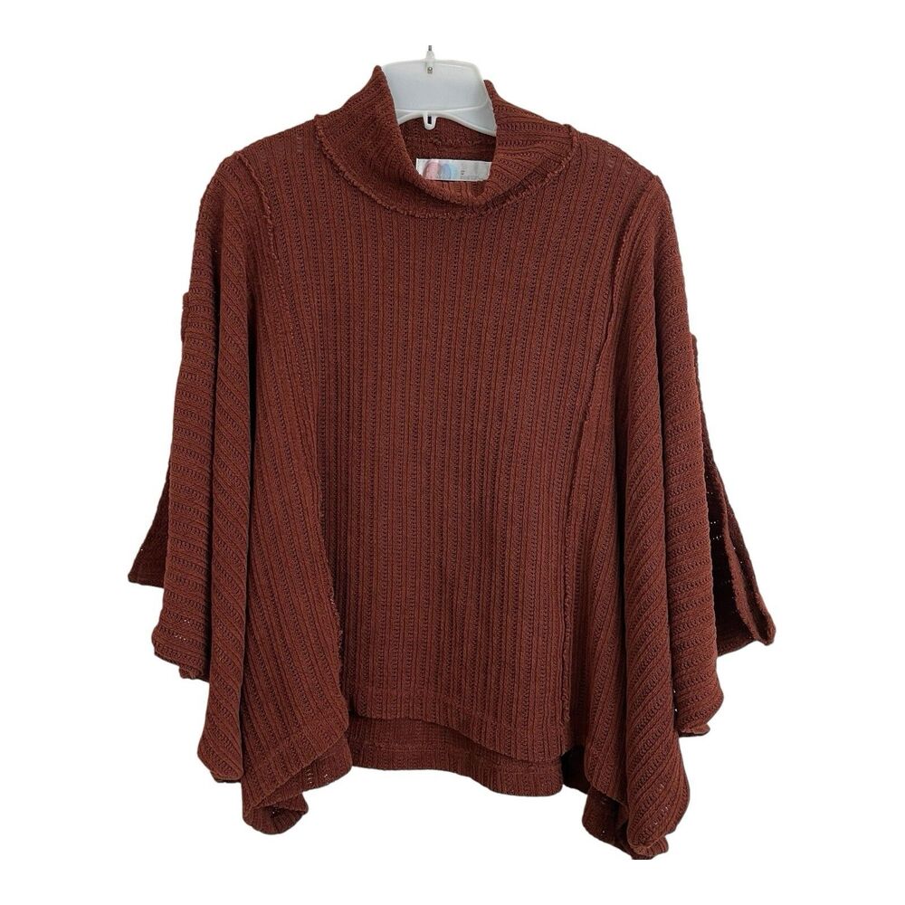 Free People FP Beach Mock Neck Sweater Poncho XS Brown Knit Oversized Boho Flowy
